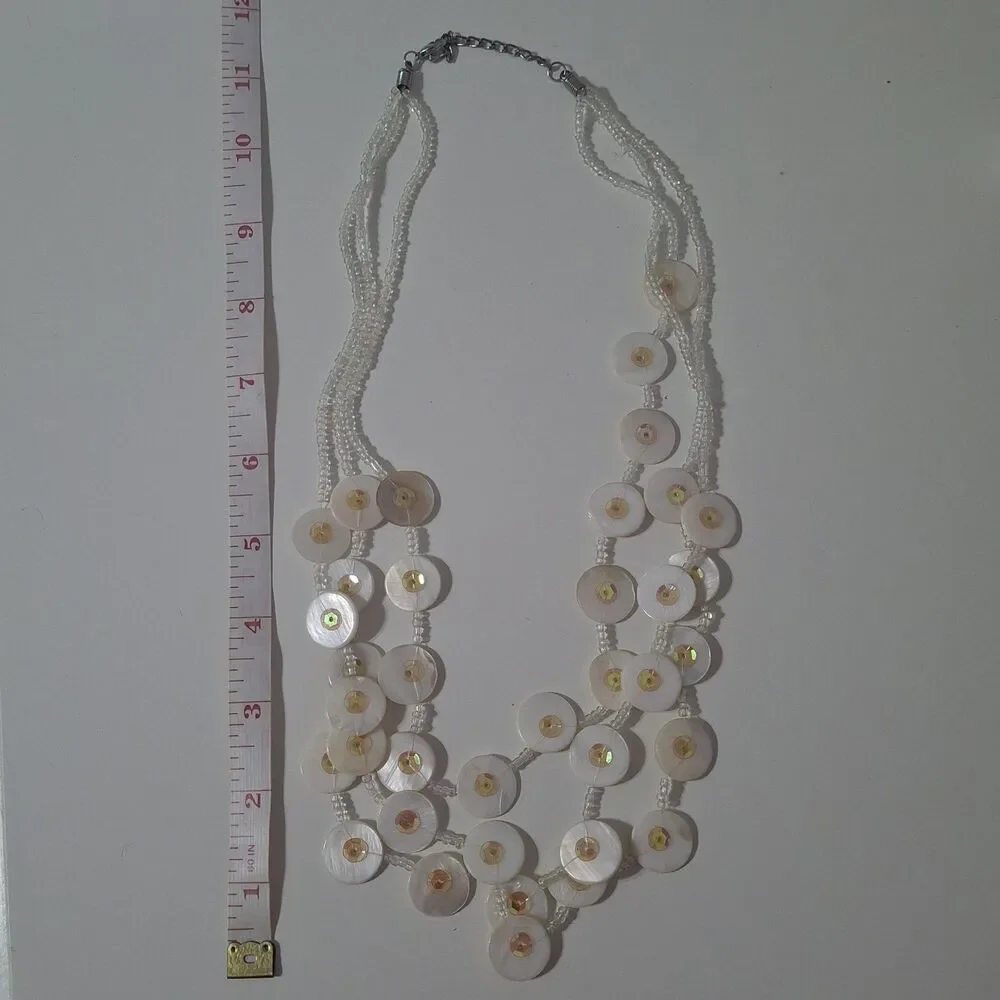 White Round Shell Sead Bead Iridescent Sequin Multi-Layered Layered Necklace